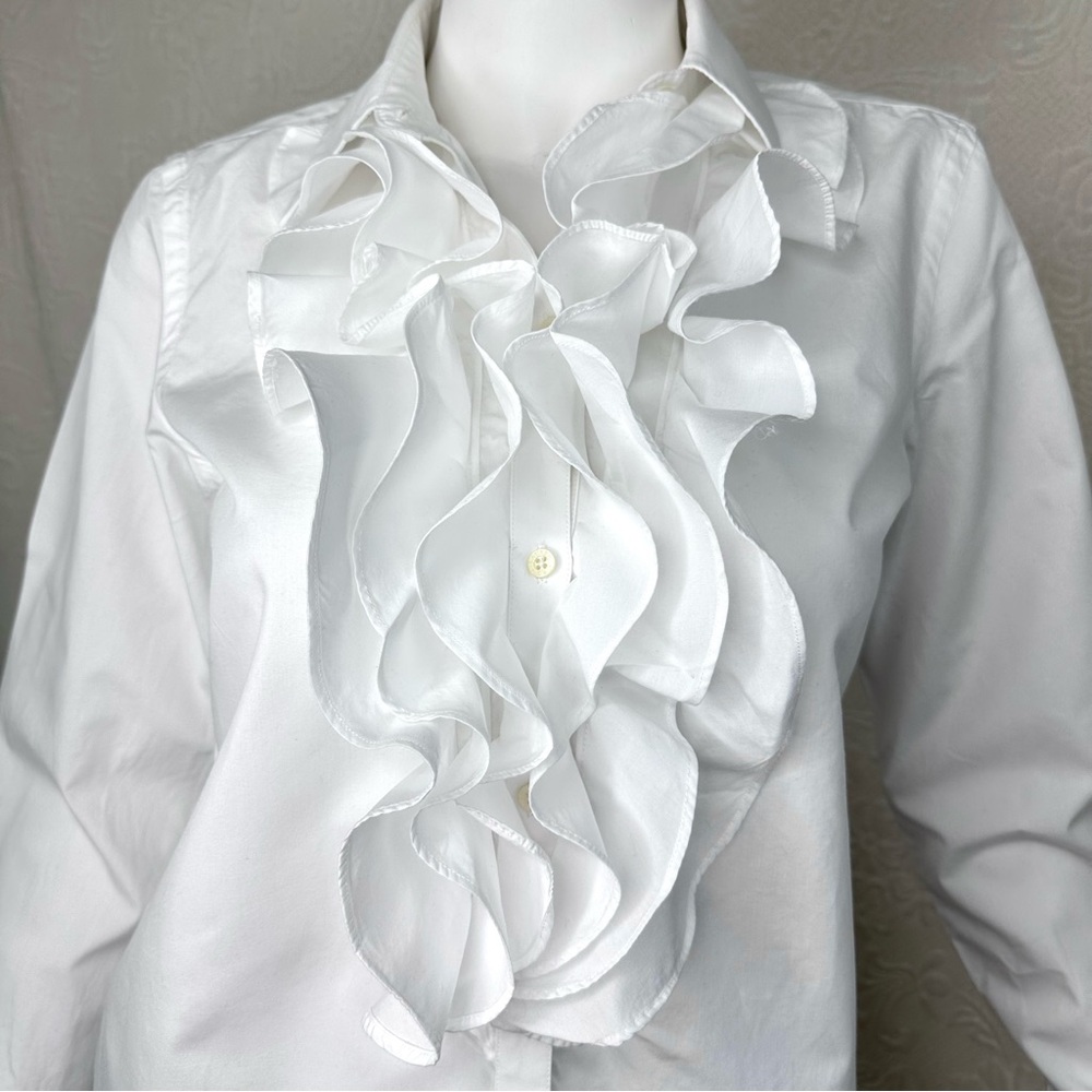 Lauren Ralph Lauren White Cotton Ruffle Front Button Down Shirt - Picture 4 of 16